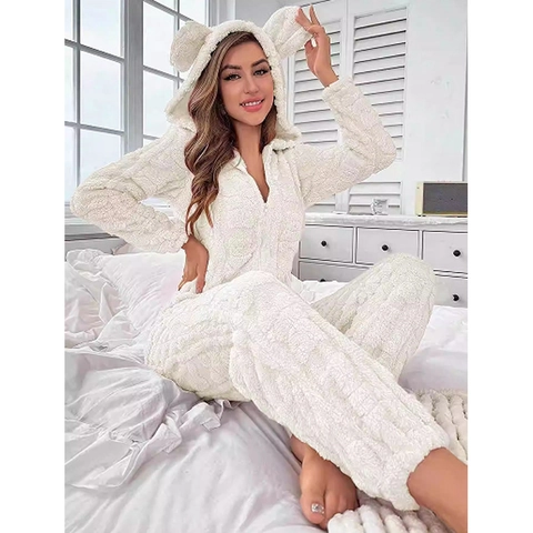 Pigiama Intero in Pile di Corallo Ispessito da Donna Orecchie da Orso Invernale Caldo Peluche Loungewear Romper Ricamato Animale