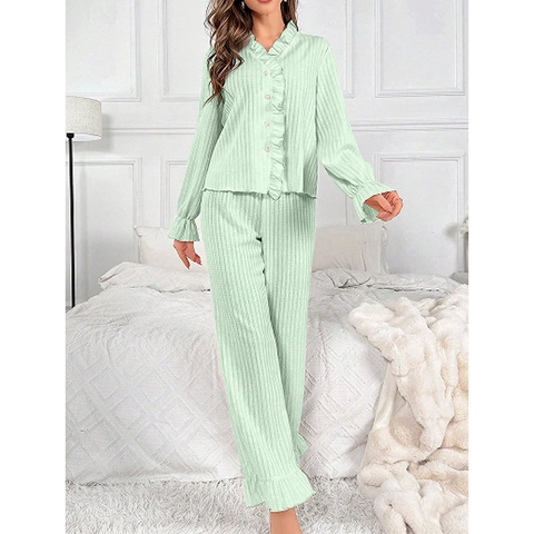 Women Ribbed Pajama Top And Pants Lettuce Trim V Neck Long Sleeve Button Down Ruffle Hem Home Wear Sleepwear Soft Fabric