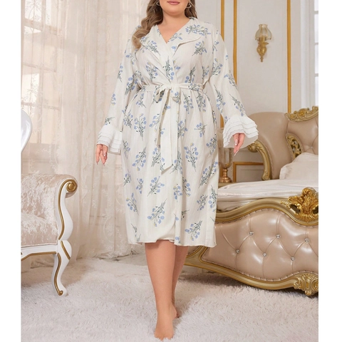 Camisón de Tallas Grandes para Mujer Cuello en V Estampado Floral Bata de Manga Lunga Con Puños con Volantes Cintura con Lazo Cómodo