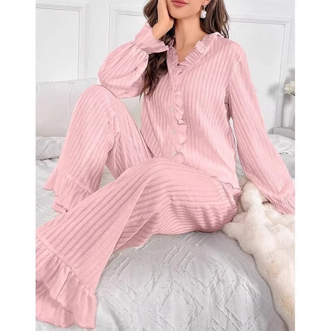 Women Ribbed Pajama Top And Pants Lettuce Trim V Neck Long Sleeve Button Down Ruffle Hem Home Wear Sleepwear Soft Fabric