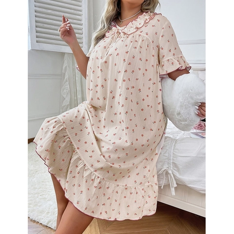 Damen Nachthemd Übergröße Seersucker Blumendruck Schlafanzug Rüschen Peter-Pan-Kragen Schleife Schlafkleid Lose Homewear