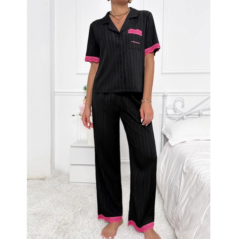 Damen Casual Geripptes Schlafanzug Set Kurzarm Knopfleiste Oberteil Und Lange Hose Pinker Spitzenbesatz Nachtwäsche Lounge Set