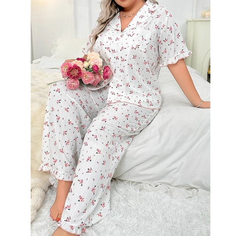 Vêtements De Détente Grande Taille Pour Femmes Imprimé Floral Manches Courtes Revers Boutonné Haut Et Pantalon Long Mélange Coton