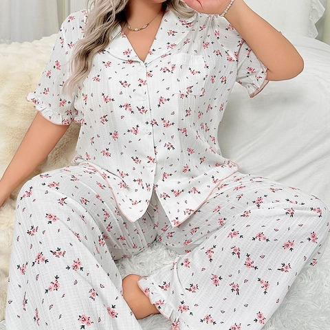 Vêtements De Détente Grande Taille Pour Femmes Imprimé Floral Manches Courtes Revers Boutonné Haut Et Pantalon Long Mélange Coton