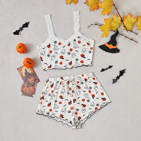 Damen Halloween Schlafanzug Set Sexy Spitze Unterhemd Und Shorts Gerippter Strick Nachtwäsche Kürbis Geist Print Loungewear