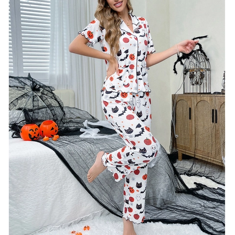 Damen Halloween Kürbis Fledermaus Druck Schlafanzug Set Revers Knopf Kurzarm Top Und Lange Hose Zweiteiler Loungewear