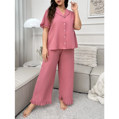 Dames Casual Geribbelde Loungewear Top En Lange Broek Korte Mouw Revers Shirt Met Knopen Kant Decoratie Zachte Nachtkleding