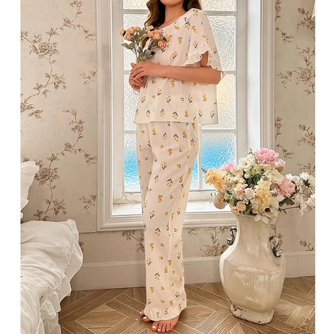 Ensemble de Pyjama Doux Floral Jaune pour Femmes Haut à Manches Courtes à Volants Et Pantalon Long en Mélange de Coton
