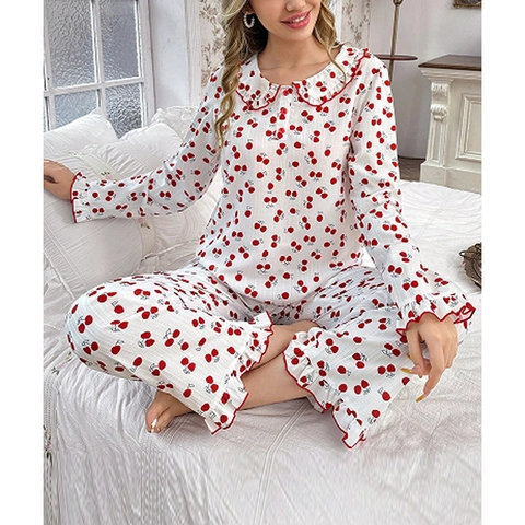 Dames Kersenenprint Lange Mouwen Pyjama Top En Broek Met Peter Pan-kraag Ruffle Trim Katoenmix Zacht Comfortabel Loungewear