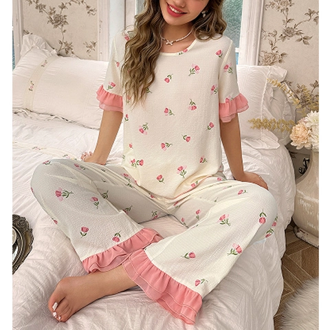 Dames Zoete Tulpen Bloemenprint Katoenmix Wafel Ronde Hals Korte Mouw Top En Ruffle Zoom Lange Broek Homewear Pyjama