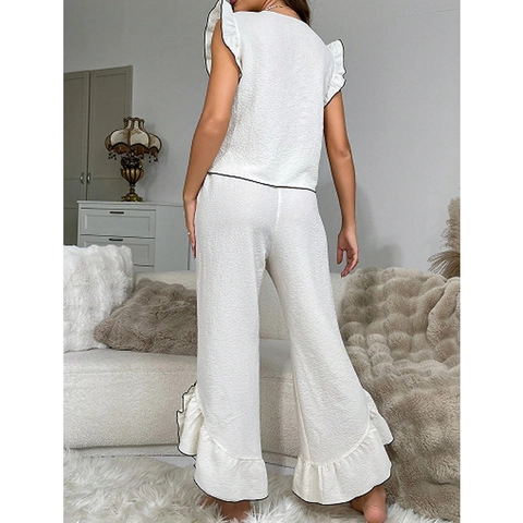 Pyjama Femme Col en V Nœud Sans Manches Haut Et Pantalon Doux Volant Crêpe Vêtements d'Intérieur Style Français Élégant Maison