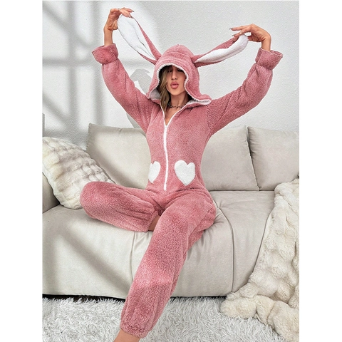 Women Cute Heart Pattern Onesie Pajamas 3D Rabbit Ear Hooded Coral Fleece Sleepwear Warm Soft Jumpsuit Home Wear Loungewear