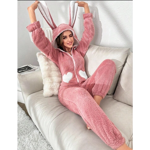 Women Cute Heart Pattern Onesie Pajamas 3D Rabbit Ear Hooded Coral Fleece Sleepwear Warm Soft Jumpsuit Home Wear Loungewear