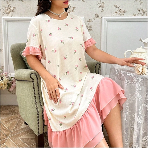 Plus Size Women Floral Print Nightgown Short Sleeve Ruffle Hem Polyester Cotton Casual Sleepwear Contrast Color Round Neck Dress