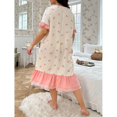 Plus Size Women Floral Print Nightgown Short Sleeve Ruffle Hem Polyester Cotton Casual Sleepwear Contrast Color Round Neck Dress
