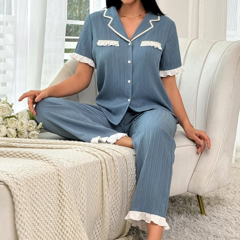 Eleganter Fog Blau Schlafanzug Loungewear Rüschen Revers Knopf Kurzarm Top Lange Hose Gerippter Stoff Weiche Nachtwäsche