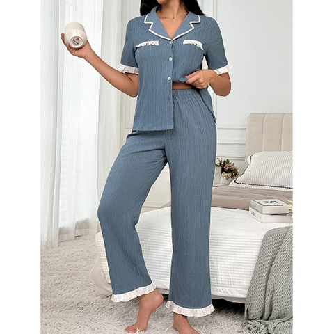 Eleganter Fog Blau Schlafanzug Loungewear Rüschen Revers Knopf Kurzarm Top Lange Hose Gerippter Stoff Weiche Nachtwäsche
