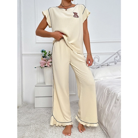 Women Cute Bear Waffle Pajamas Top And Long Pants Loungewear Set Contrast Piping Round Neck Short Sleeve Cotton Blend Home Suit