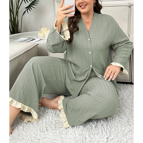 Set Pigiama da Donna Taglie Forti Manica Lunga Scollo a V Cardigan E Pantaloni Loungewear Con Bordo a Volant Verde Salvia