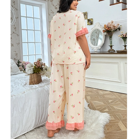 Damen Übergröße Blumen Pyjama Set V-Ausschnitt Knopfleiste Kurzarm Top Und Lange Hose Rüschensaum Loungewear Schlafanzug Set