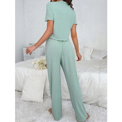 Women's Casual Ribbed Pajama Set V-Neck Short Sleeve Button Down Cardigan With Ruffle Trim And Long Pants Home Service