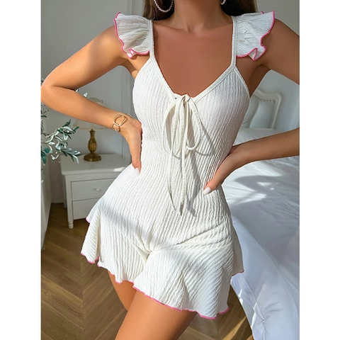Pagliaccetto Donna Sexy Senza Schienale Con Volant Tessuto Increspato Senza Maniche Lacci Tuta Estiva Abbigliamento da Casa