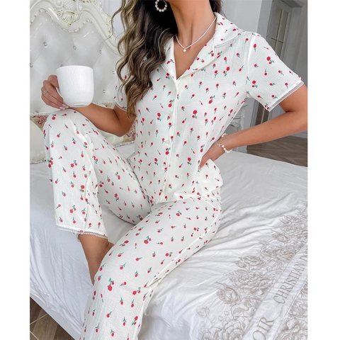 Pigiama da Donna con Stampa Floreale Top con Revers a Maniche Corte e Pantaloni Lunghi con Bordo in Pizzo Loungewear