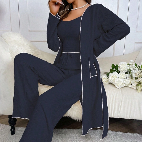 Women Casual Loungewear Pajama Set With Contrast Trim Crepe Texture Cardigan Camisole And Wide Leg Pants Sleepwear