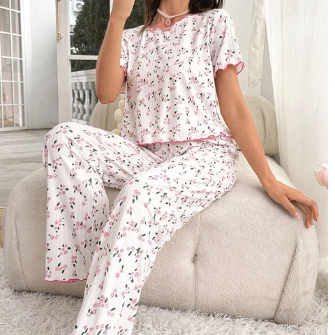 Pigiama da Donna Dolce con Fiori Abbigliamento da Casa Top a Maniche Corte Girocollo e Pantaloni Lunghi Volant