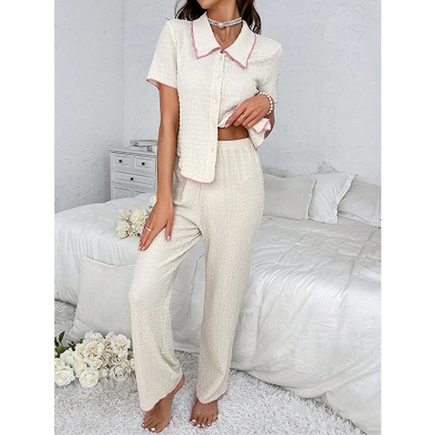 Conjunto de Pijama Casual para Mujer Camisa de Manga Corta con Solapa y Botones y Pantalón Largo Ropa de Dormir Texturizada Arrugada