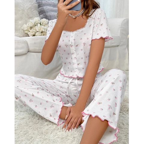 Sweet Floral Square Neck Pajamas Set For Women Spring Summer Waffle Texture Ruffle Lettuce Trim Short Sleeve Top And Long Pants