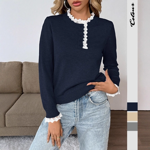 Pull Élégant pour Femme en Mélange de Viscose Vintage Bordure en Dentelle Col Henley Manches Longues Demi-Patte Boutonné Haut