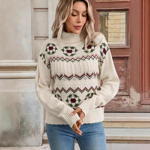 Dames Vintage Geometrische Jacquard Coltrui Casual Losse Gebreide Kleding Lange Mouwen Pullover Tops Herfst Winter Warm