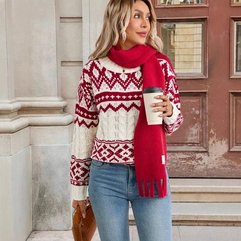 Suéter de Mujer Vintage Navidad Fair Isle Jacquard Cuello Redondo Punto de Ocho Manga Larga Invierno Cálido Punto Holgado