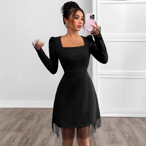 Women Square Neck Puff Long Sleeve Mini Dress Mesh Patchwork High Waist A-Line Elegant Party Dress Autumn Fashion Robe