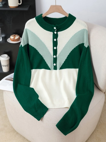 Suéter de Punto de Acrílico Holgado para Mujer Bloque de Color Top de Manga Larga Cuello Redondo Casual Decoración de Botones