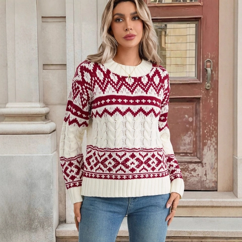 Suéter de Mujer Vintage Navidad Fair Isle Jacquard Cuello Redondo Punto de Ocho Manga Larga Invierno Cálido Punto Holgado