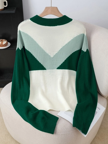 Suéter de Punto de Acrílico Holgado para Mujer Bloque de Color Top de Manga Larga Cuello Redondo Casual Decoración de Botones