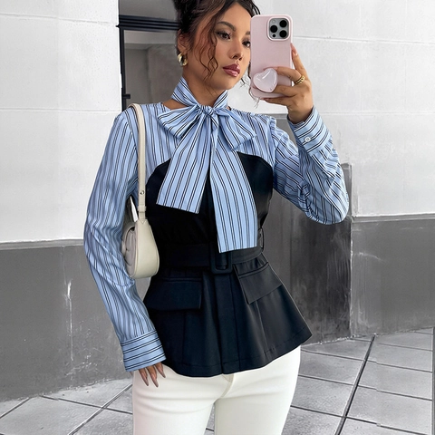 Elegant Striped Patchwork Layered Style Shirt Top With Bow Tie Collar And Belt For Women Long Sleeve Blouse Office Wear