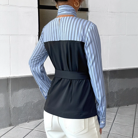 Elegant Striped Patchwork Layered Style Shirt Top With Bow Tie Collar And Belt For Women Long Sleeve Blouse Office Wear