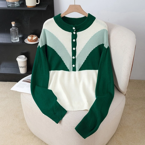 Maglione Donna in Maglia Colorblock Pullover Patchwork a V Top Manica Lunga Largo Con Bottoni 100% Acrilico Morbido