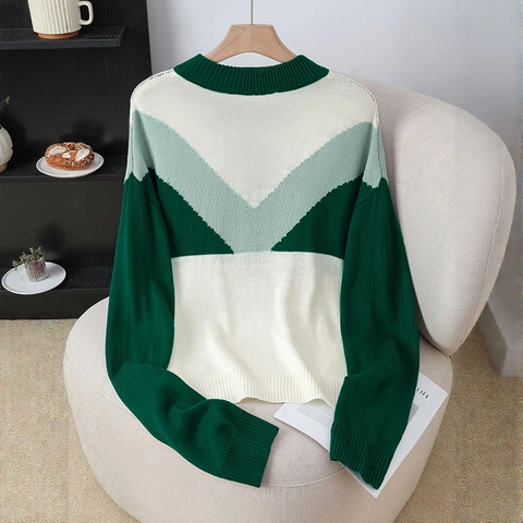 Maglione Donna in Maglia Colorblock Pullover Patchwork a V Top Manica Lunga Largo Con Bottoni 100% Acrilico Morbido