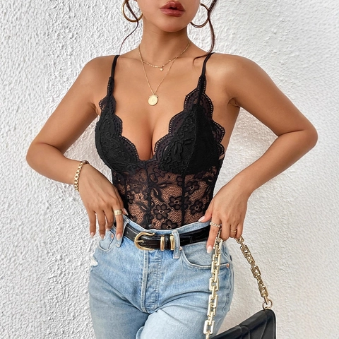 Women Black Floral Lace Bodysuit Sexy Deep V Neck Sleeveless Spaghetti Straps Hollow Out Slim Fit Summer One Piece Top
