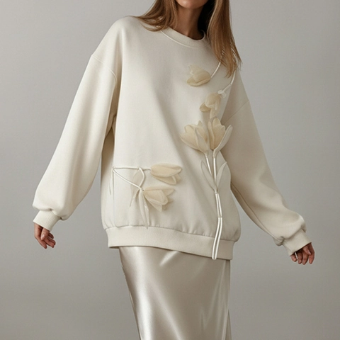 Französischer Stil Lässiges 3D Tulpen Blumen Sweatshirt Langarm Oversized Pullover Top Damen Beige Rundhals Sweatshirt