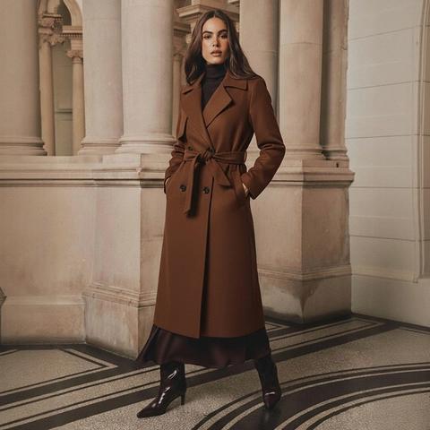 Cappotto di Lana Extra Lungo Elegante da Donna Doppio Petto Con Cintura Tinta Unita Collo a Giacca Manica Lunga Giacca Calda Autunno Inverno