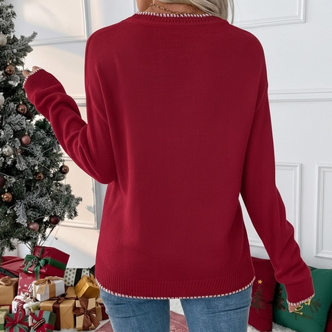 Women Casual Christmas Knit Sweater Large Bow Jacquard Round Neck Long Sleeve Pullover Soft Acrylic Warm Festive Winter Top