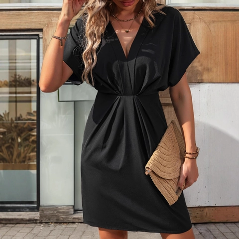 Vestido Elegante con Cuello en V y Pliegues para Mujer Manga Corta de Murciélago Color Sólido Ajustado Mini Vestido de Verano