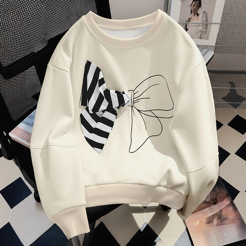 Sudadera Casual Dulce Para Mujer Con Patchwork De Lazo A Rayas 3D Cuello Redondo Manga Larga Jersey Top Otoño Invierno