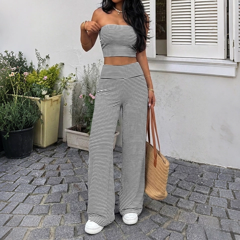Completo Casual a Righe da Donna Due Pezzi Top a Tubo a Costine e Pantaloni a Gamba Larga a Vita Alta Estate