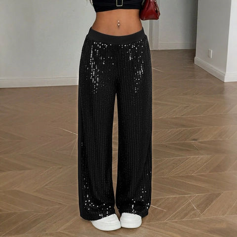 Women Elegant Black Sequin Patchwork High Waist Wide Leg Pants Loose Drape Straight Trousers For Party Banquet Night Out